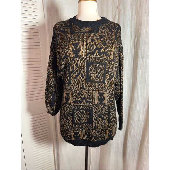Vintage | Women’s | Sweaters | Size M/L | Gold Metallic Abstract Oversized Black - Picture 1 of 5